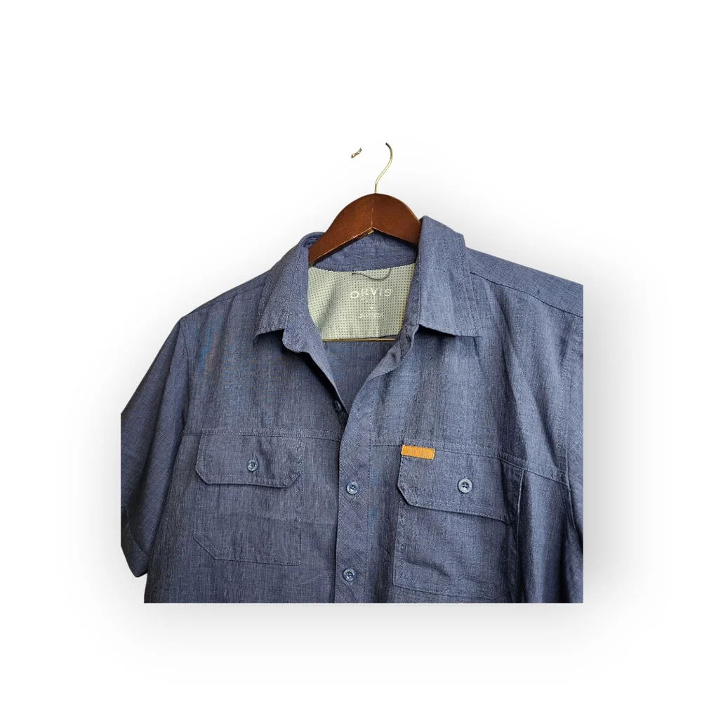 Orvis Classic Collection Navy Blue Chambray Short Sleeve Button Down Shirt M_3